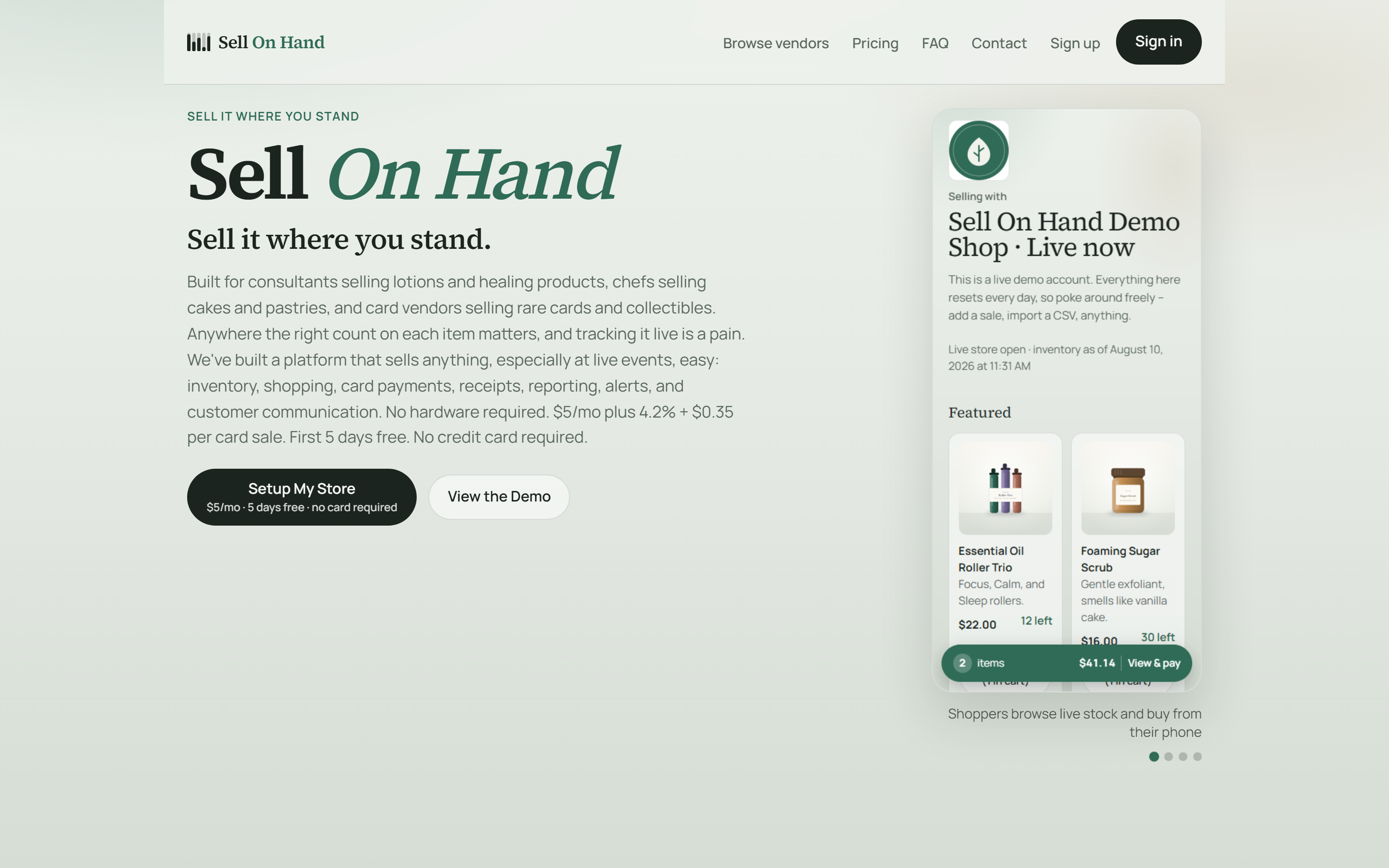 The Sell On Hand homepage